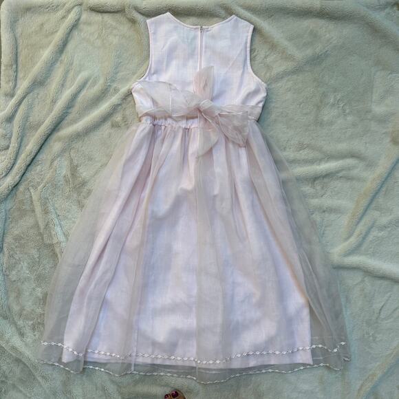 Bonnie Jean Girls Pink Tulle Dress SZ 14 Rosettes Lattice Tie Waist Midi Wedding - Picture 2 of 8